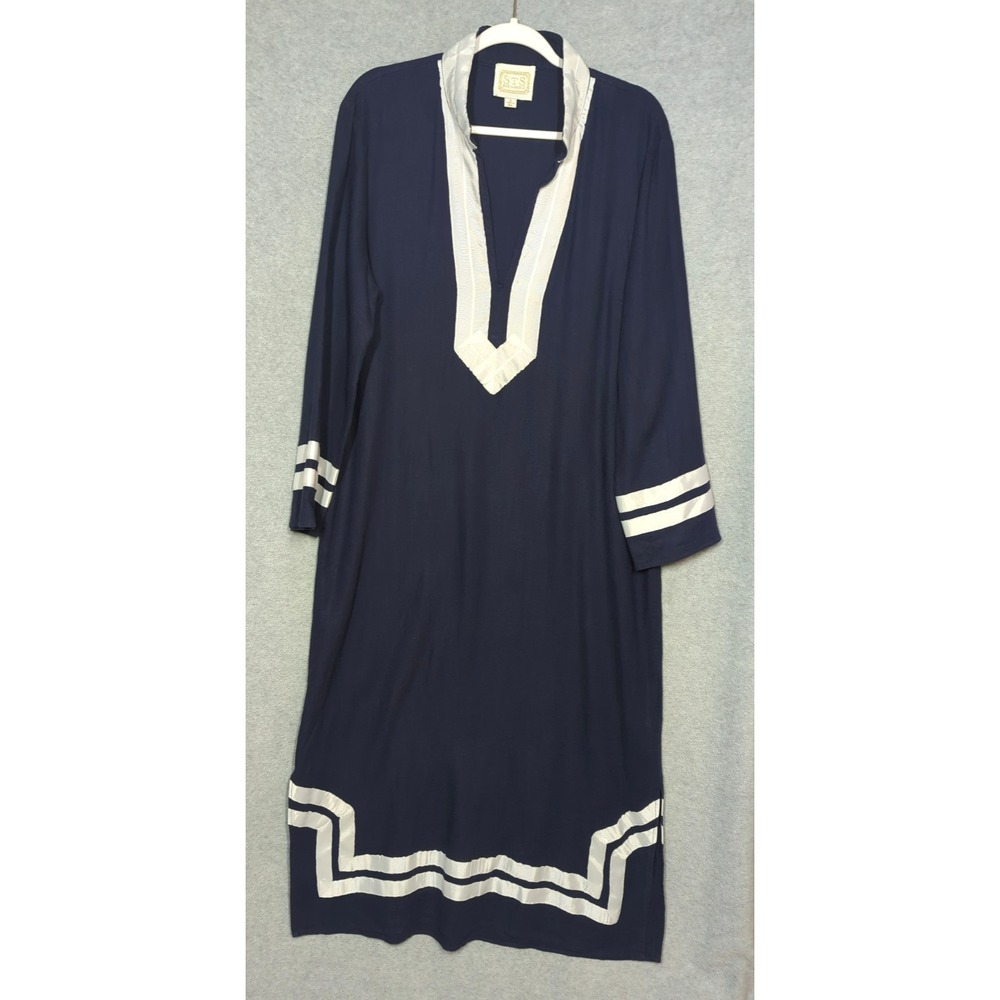 Sail to Sable STS Caftan Maxi Dress XL Navy Blue Linen Blnd White Trim Lg Sleeve